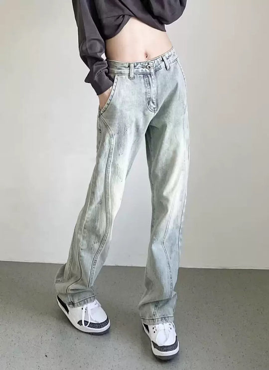 Damen weite High-Waist Denim-Jeans mit distressed Optik und bequemen Seitentaschen Heidi-Mode