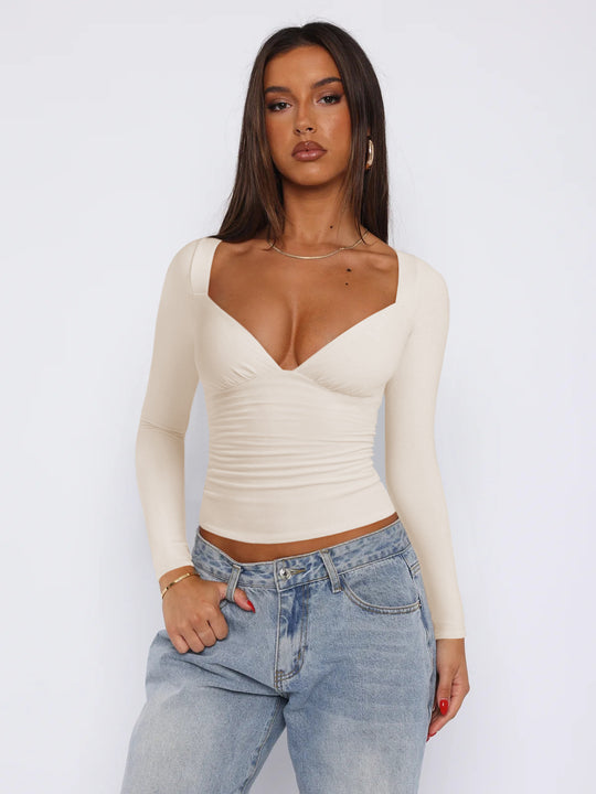 Damen figurbetontes Langarmoberteil mit V-Ausschnitt und Raffungen Heidi-Mode