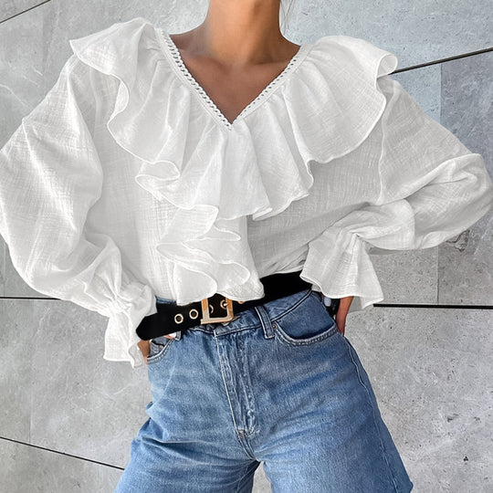 Damen Bluse mit voluminösen Rüschendetails und schickem V-Ausschnitt Heidi-Mode
