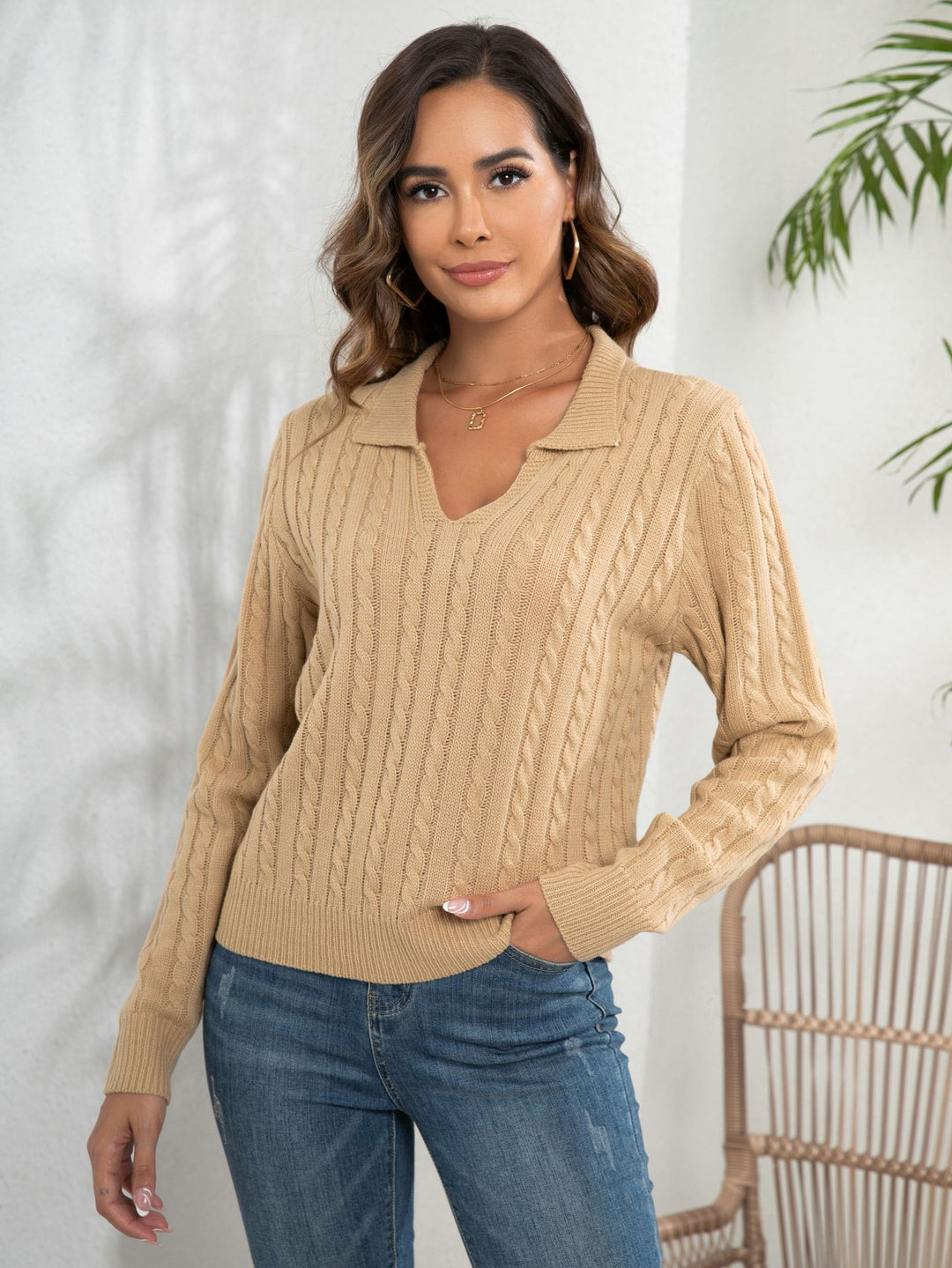 Damen Strickpullover mit V-Ausschnitt und Zopfmuster Heidi-Mode