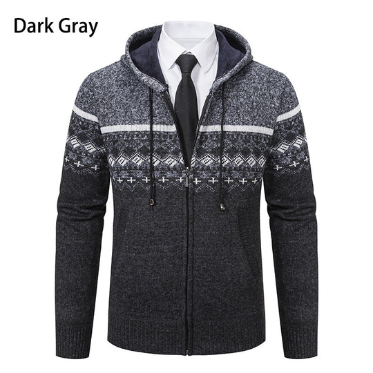 Herren stilvolle Strickjacke mit Kapuze und Norweger-Muster Heidi-Mode