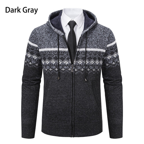 Herren stilvolle Strickjacke mit Kapuze und Norweger-Muster Heidi-Mode