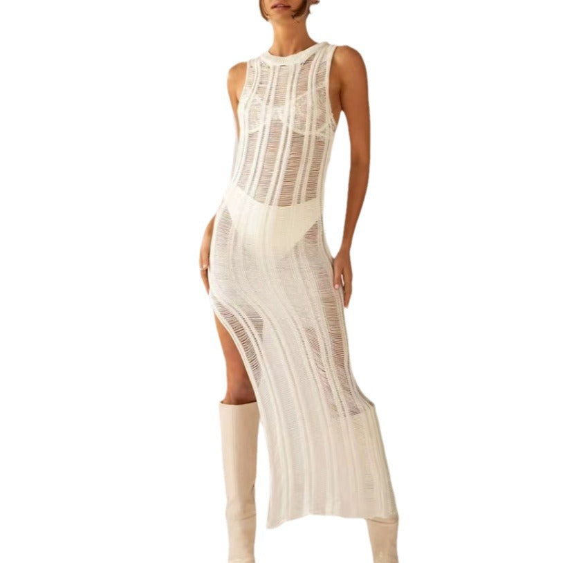 Damen Enges Strickkleid mit transparenten Details Heidi-Mode