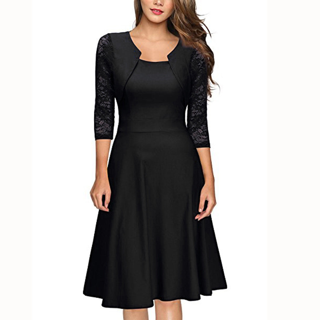 Damen Midi-Kleid mit Spitzenärmeln und schwingendem Rock Heidi-Mode