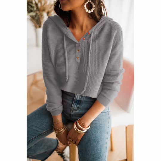 Damen Kapuzenpullover mit strukturiertem Stoff und modischen Knopfdetails Heidi-Mode