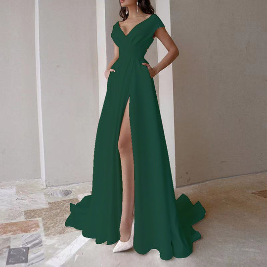 Damen elegantes Maxikleid mit tiefem V-Ausschnitt und seitlichem Schlitz Heidi-Mode