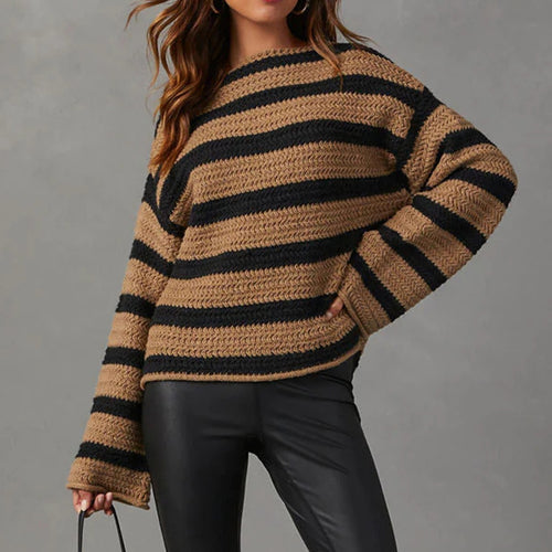 Damen gestreifter Grobstrickpullover mit lässigem Schnitt und weitem Arm Heidi-Mode