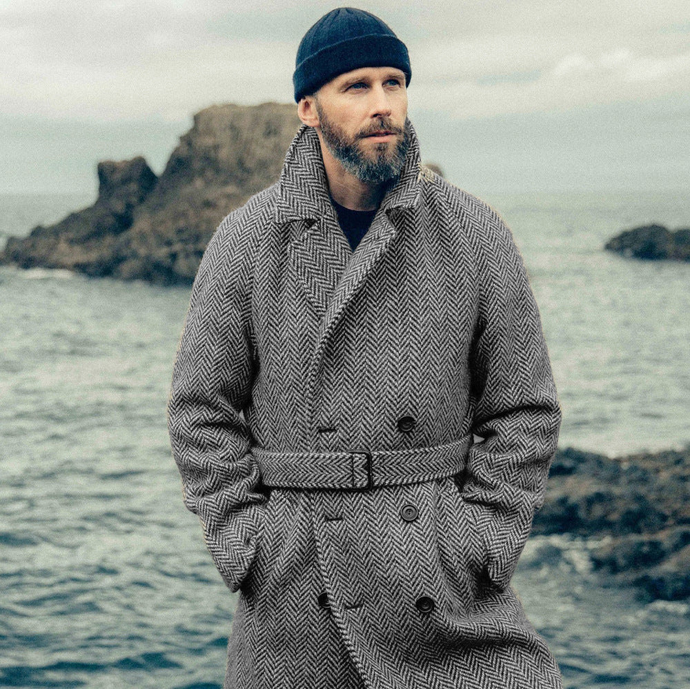 Herren Eleganter Wollmantel im klassischen Hahnentrittmuster mit Gürtel Heidi-Mode