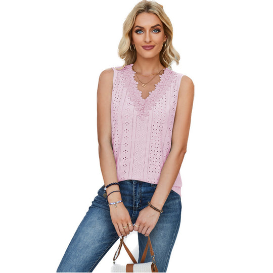 Damen ärmelloses Oberteil mit dekorativen Lochmustern und Spitzenverzierung Heidi-Mode