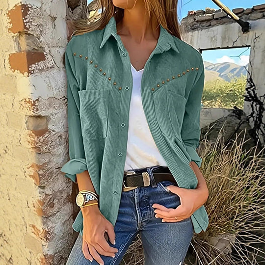 Damen Cordbluse mit eleganten Druckknöpfen und praktischen Taschen Heidi-Mode