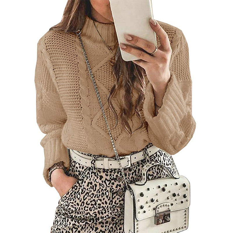 Damen modischer Strickpullover mit eleganten Zopfmustern und leichtem Rollkragen Heidi-Mode