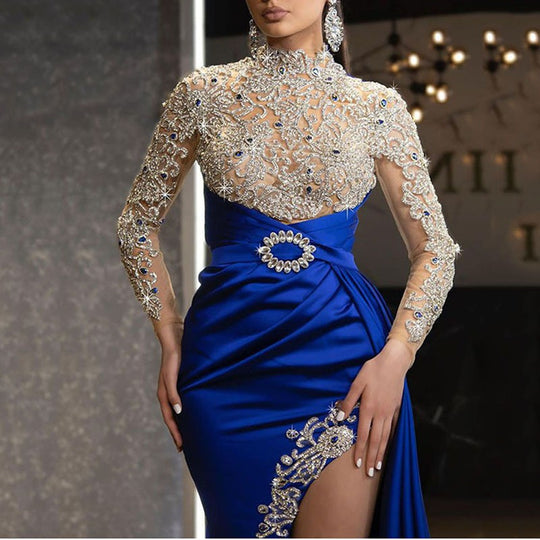 Damen Elegantes Abendkleid mit aufwendigen Spitzenapplikationen und hohem Schlitz Heidi-Mode