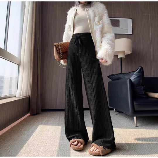Damen Weit geschnittene Leinenhose mit elastischem Bund und gestreiftem Design Heidi-Mode