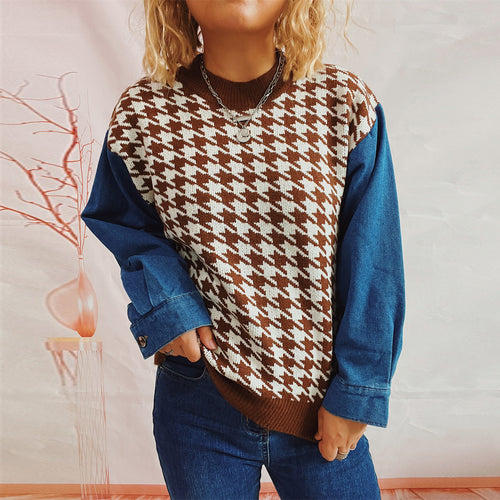 Damen Strickpullover im modernen Hahnentrittmuster mit lässigen Denim-Ärmeln Heidi-Mode