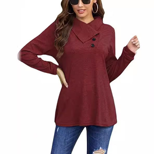 Damen asymmetrisches Sweatshirt mit hohem Kragen und praktischen Knopfdétails Heidi-Mode