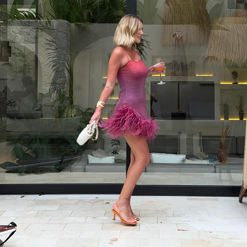 Damen Mini Kleid mit auffälligem Federn-Saum Heidi-Mode