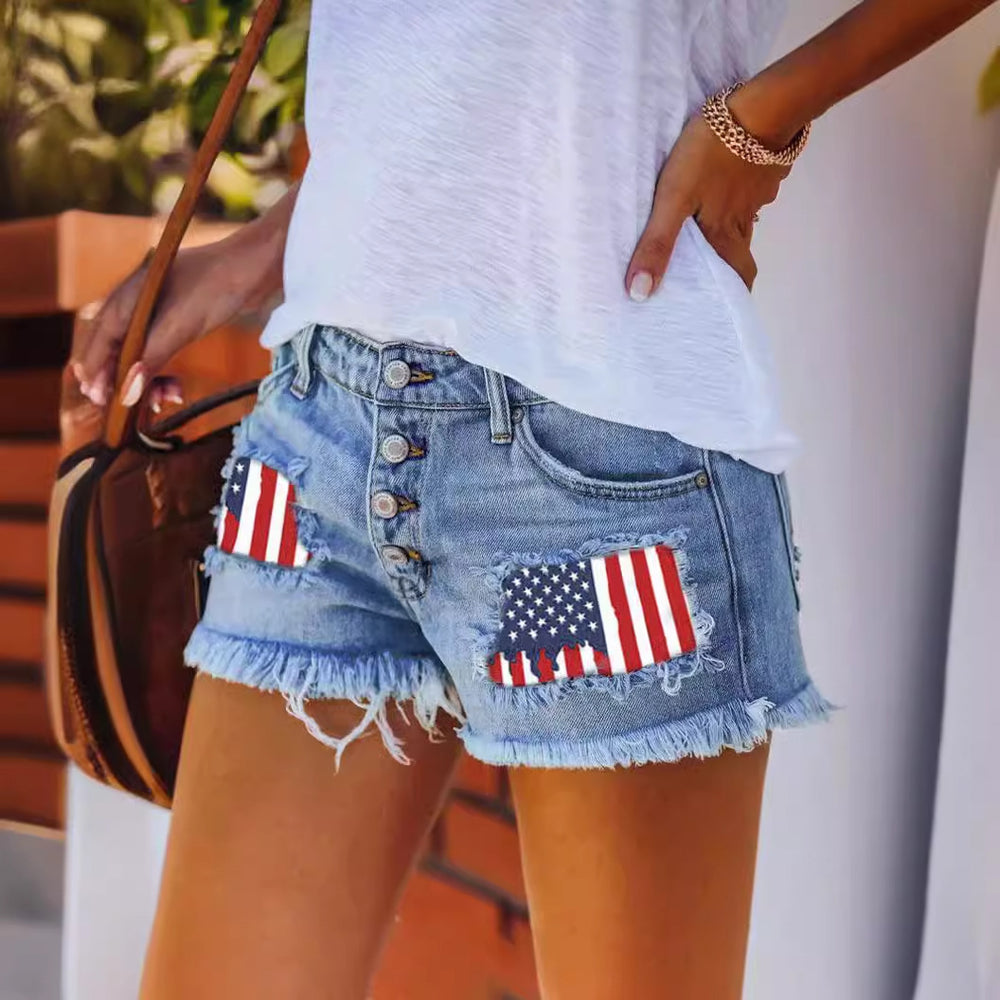 Damen Jeansshorts im Coolen USA-Design mit ausgefranstem Saum Heidi-Mode