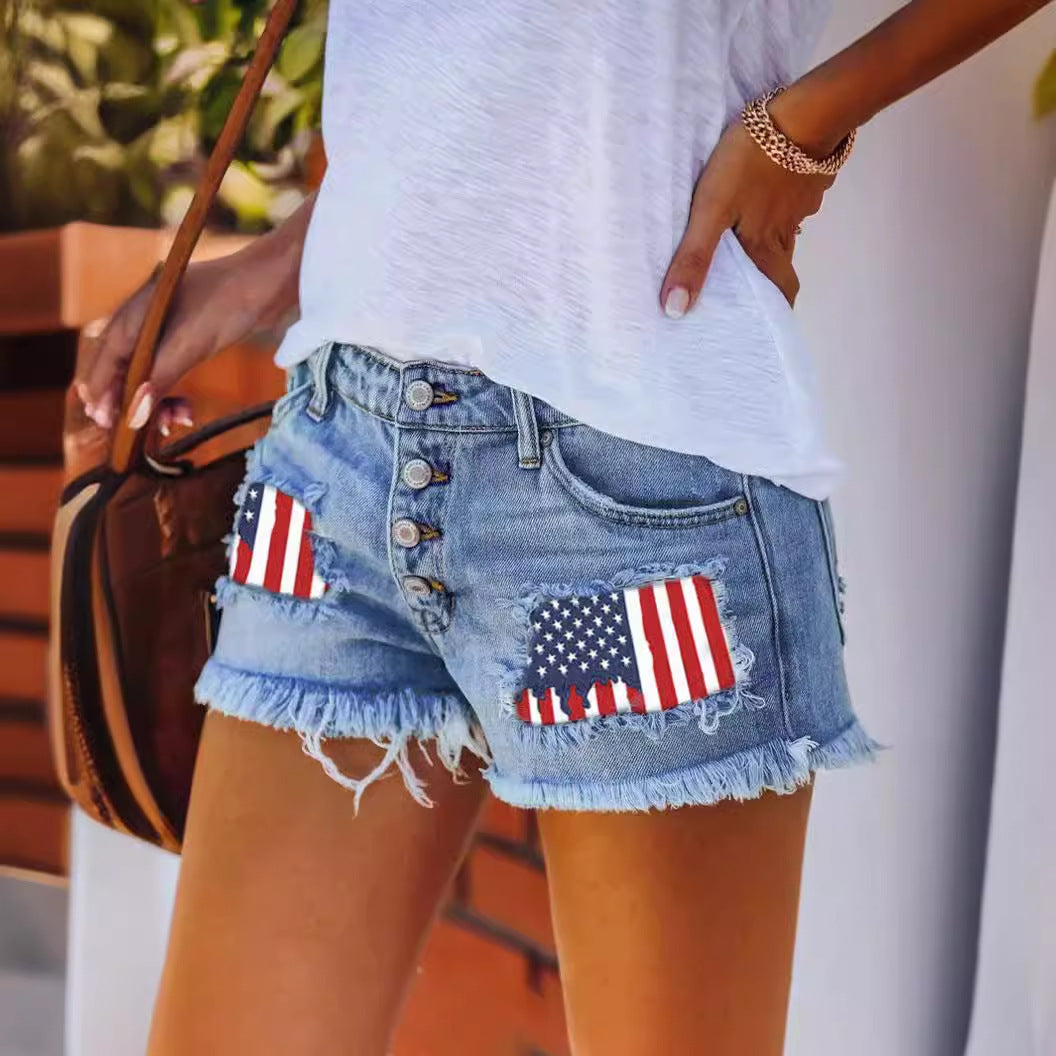 Damen Jeansshorts im Coolen USA-Design mit ausgefranstem Saum Heidi-Mode