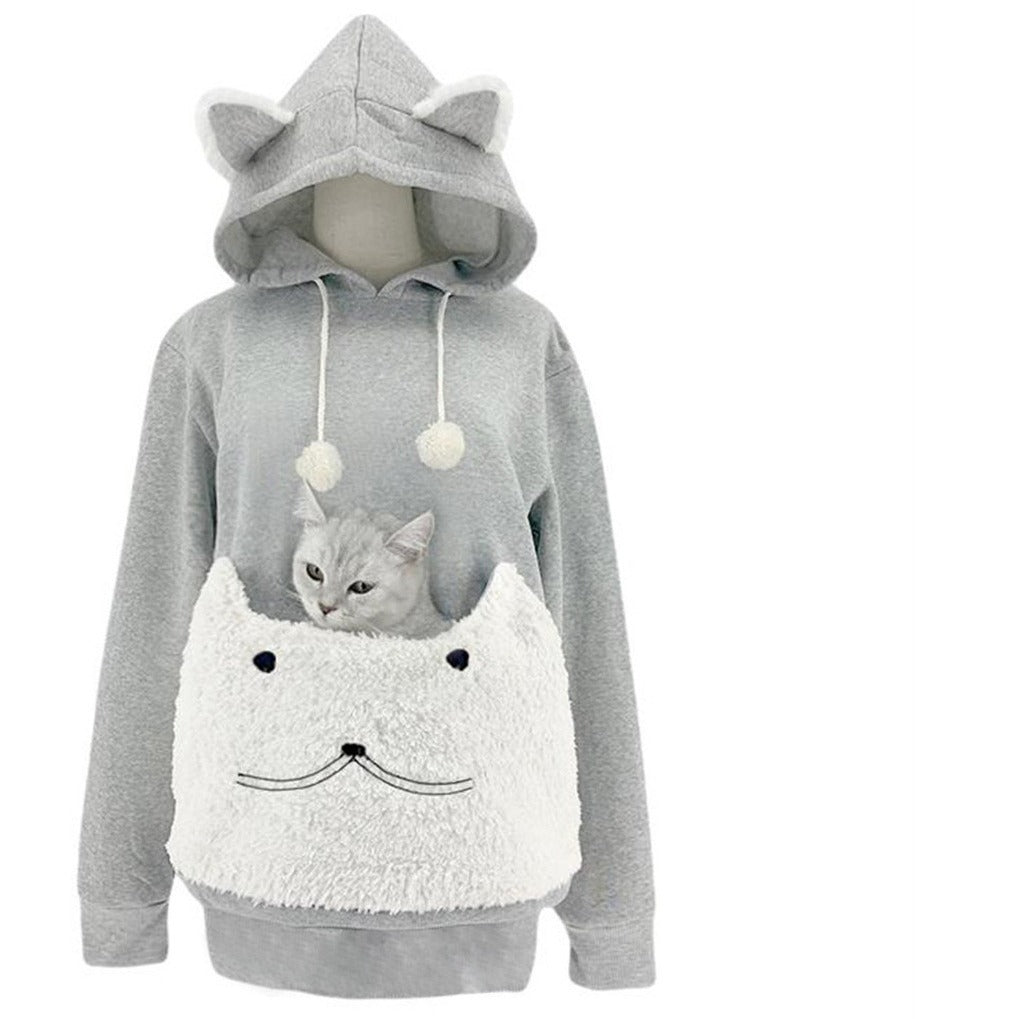Damen Kuscheliger Kapuzenpullover mit Katzenmotiv und praktischer Känguru-Tasche Heidi-Mode