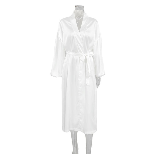 Damen Satin-Morgenmantel mit eleganten Puffärmeln und taillierbarem Gürtel Heidi-Mode