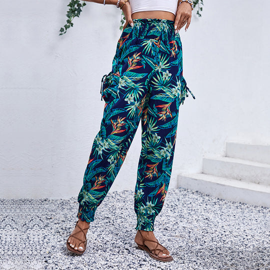 Damen Comfortable Cargo-Hose mit tropischem Muster und elastischem Bund Heidi-Mode