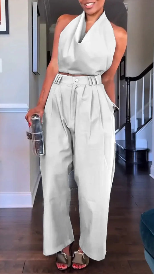 Damen Halterneck Satin Overall mit taillierten Hosen Heidi-Mode