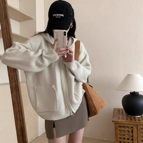 Damen Casual Oversized Strickjacke mit Kapuze und Taschen Heidi-Mode