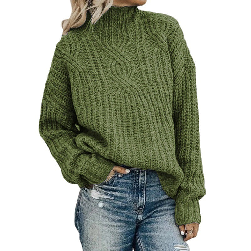 Damen Grober Strickpullover mit hohem Kragen und Zopfmuster Heidi-Mode