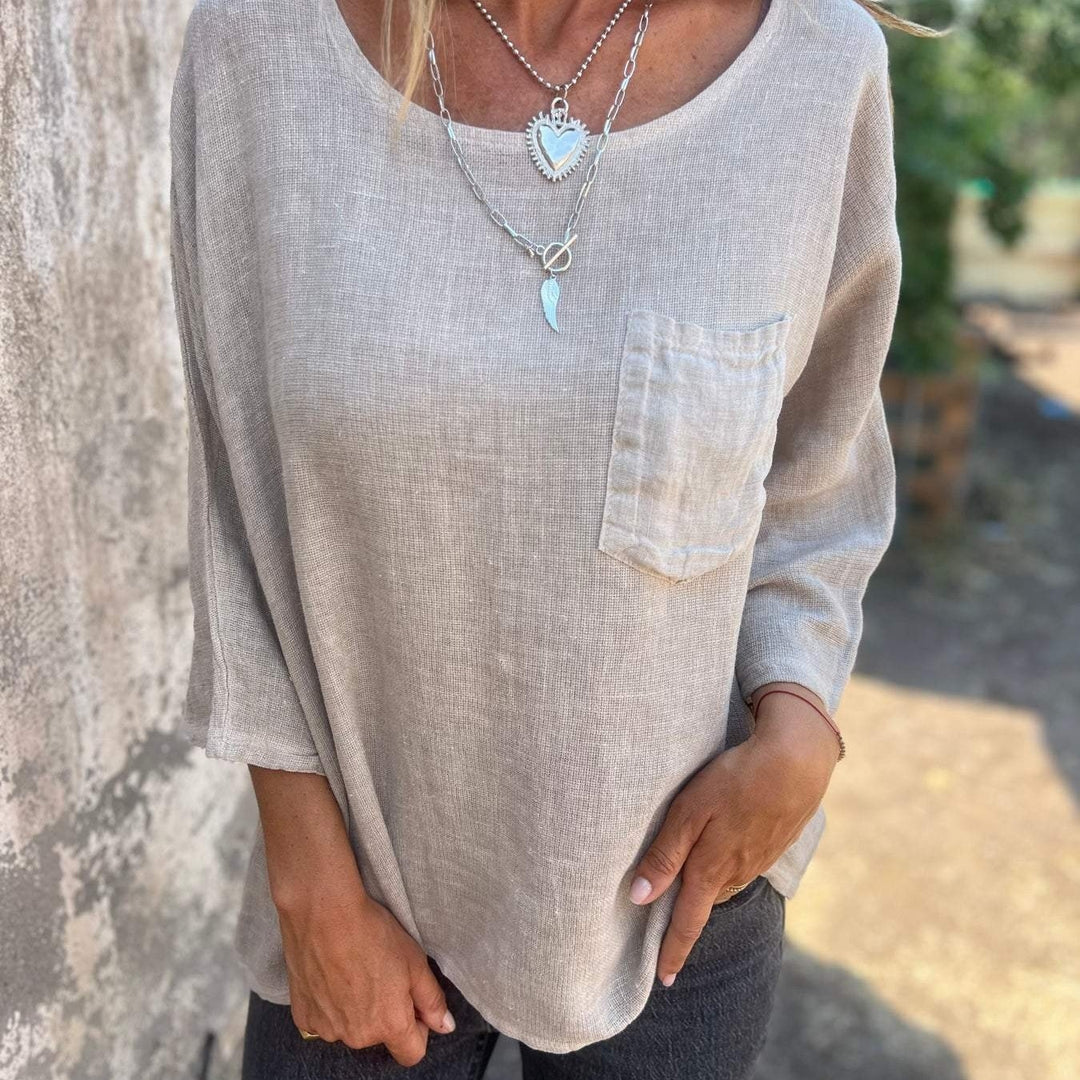 Damen lässiges Leinen-Oberteil mit lockerer Passform und Brusttasche Heidi-Mode
