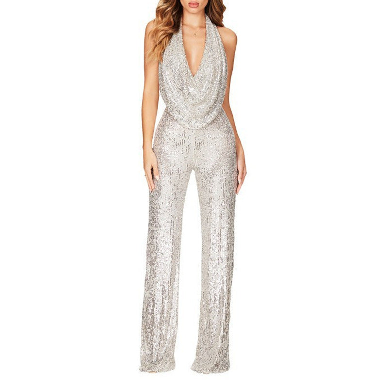 Damen Glitzerndes Jumpsuit mit tiefem V-Ausschnitt und weitem Bein Heidi-Mode