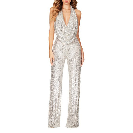 Damen Glitzerndes Jumpsuit mit tiefem V-Ausschnitt und weitem Bein Heidi-Mode
