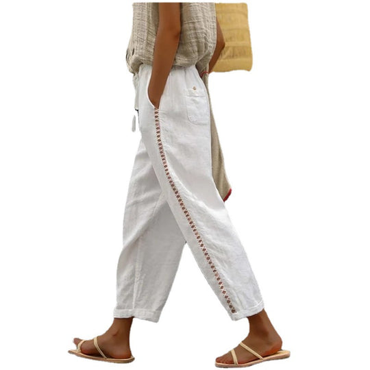 Damen Leichte Leinenhose mit seitlichen Knopfdetails Heidi-Mode