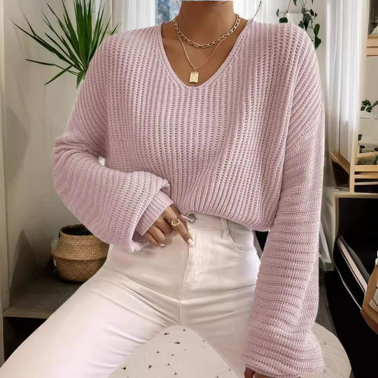 Damen V-Ausschnitt Strickpullover mit weiten Ärmeln Heidi-Mode