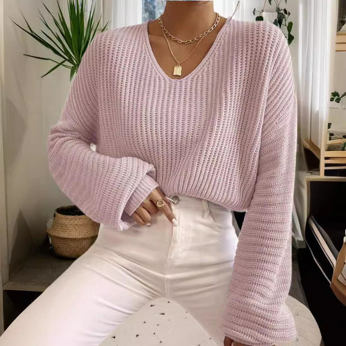 Damen V-Ausschnitt Strickpullover mit weiten Ärmeln Heidi-Mode