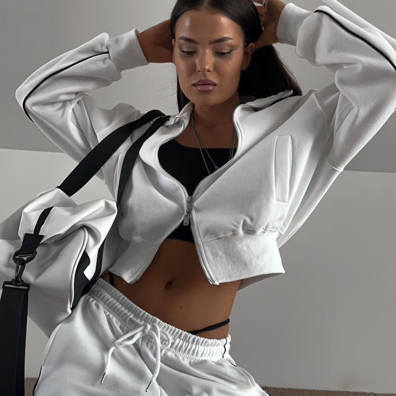 Damen cropped Sportjacke mit hohem Kragen und elastischer Taillenkordel Heidi-Mode