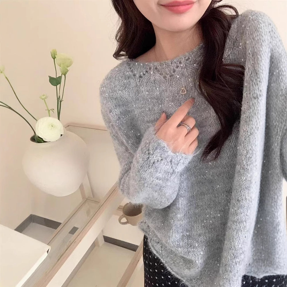 Damen Flauschiger Strickpullover mit glänzenden Akzenten und lockerem Schnitt Heidi-Mode
