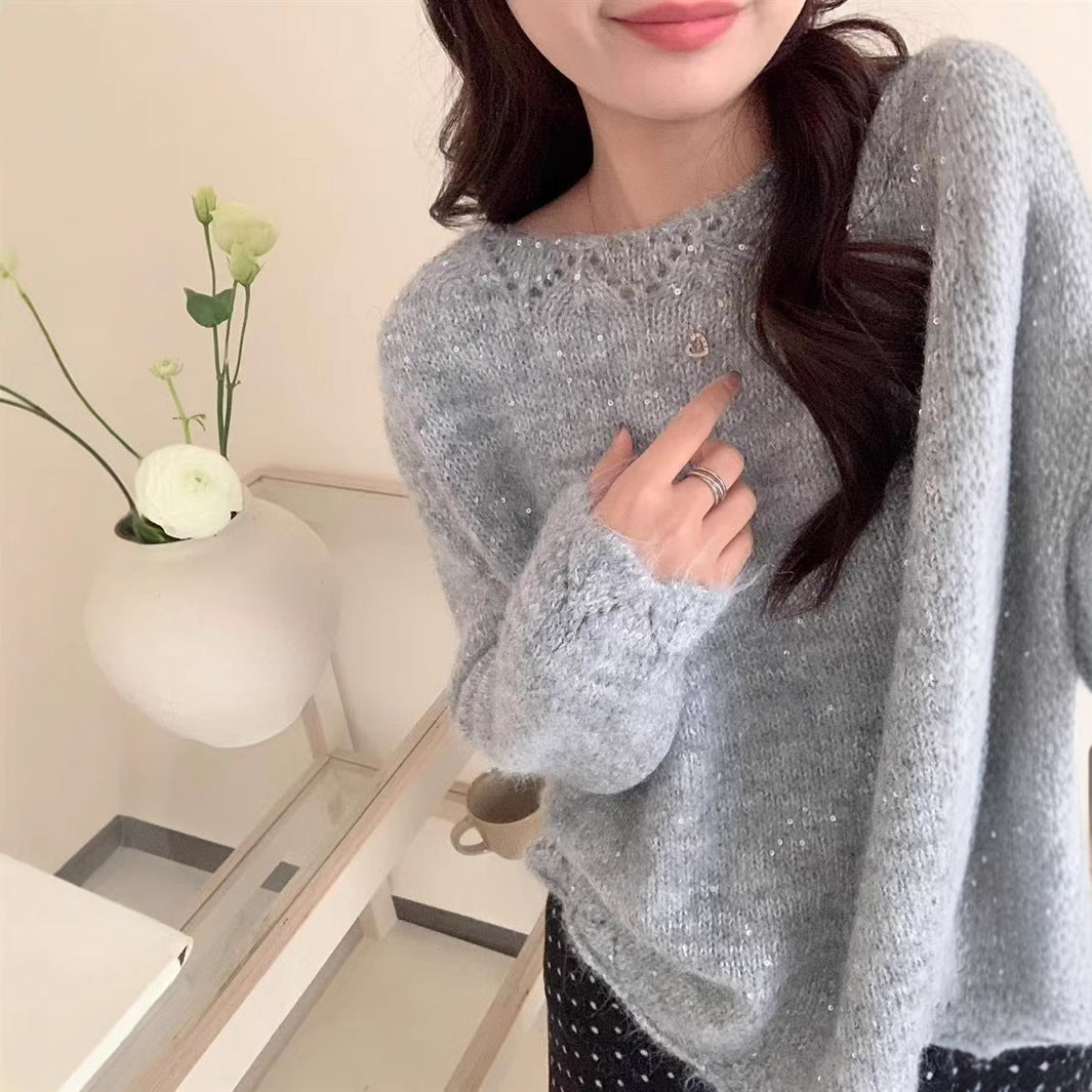 Damen Flauschiger Strickpullover mit glänzenden Akzenten und lockerem Schnitt Heidi-Mode