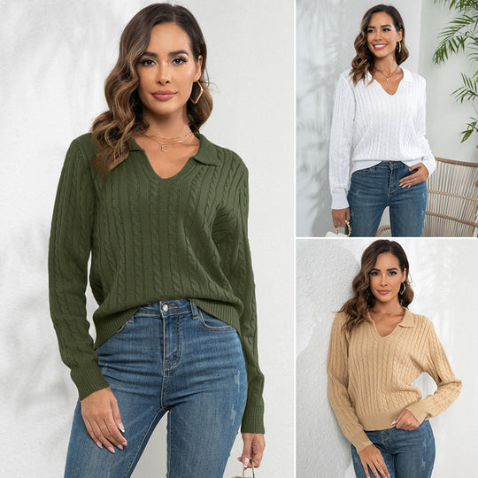Damen Strickpullover mit V-Ausschnitt und Zopfmuster Heidi-Mode
