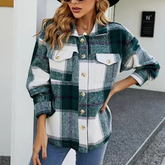 Damen Karierte Flanelljacke mit Knopfleiste und Taschen Heidi-Mode