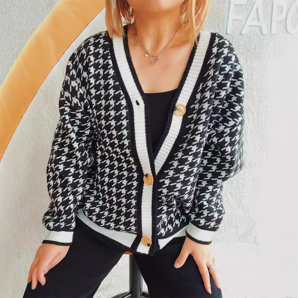 Damen oversized Strickjacke im klassischen Hahnentrittmuster Heidi-Mode