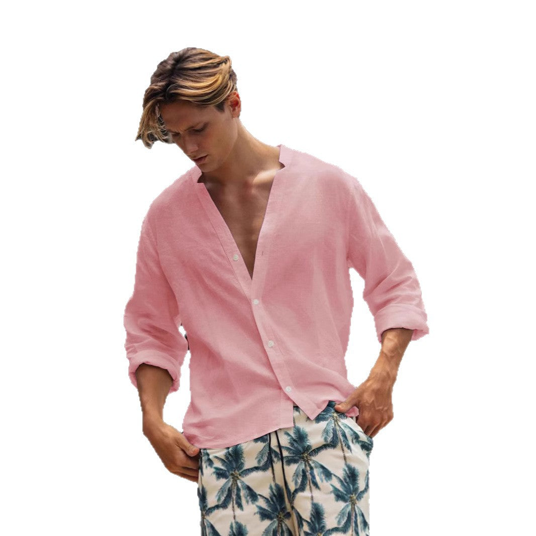 Herren lässige Leinenbluse mit durchgehendem Knopfverschluss Heidi-Mode
