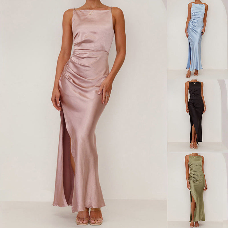 Damen Elegantes Satinabendkleid mit sexy Schlitz und raffiniertem Schnitt Heidi-Mode