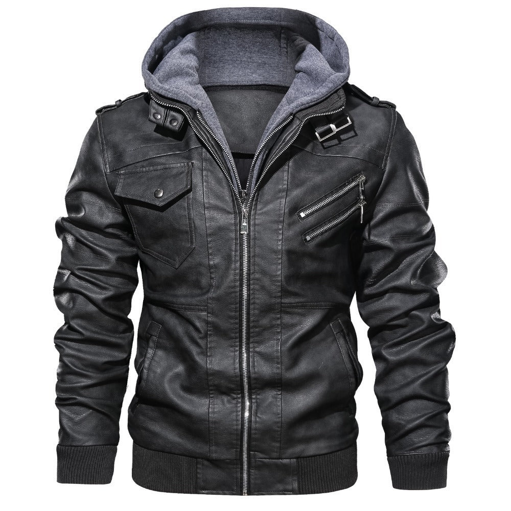 Herren lässige Kunstlederjacke mit abnehmbarer Kapuze und zahlreichen Taschen Heidi-Mode