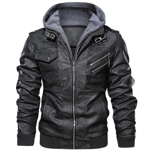Herren lässige Kunstlederjacke mit abnehmbarer Kapuze und zahlreichen Taschen Heidi-Mode