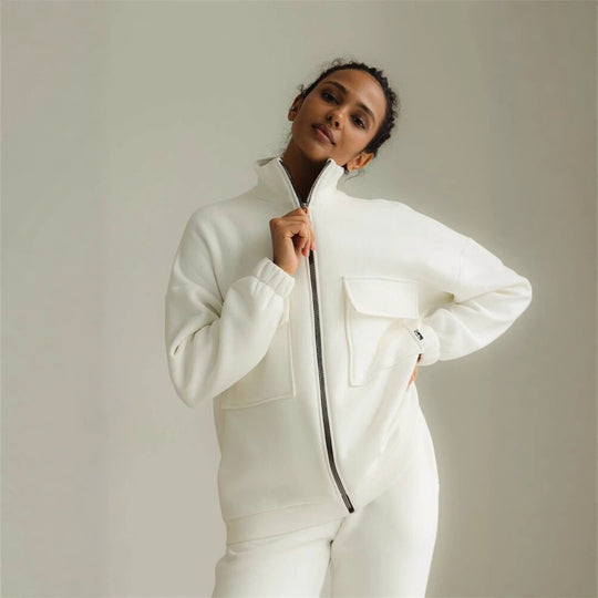 Damen bequeme Fleece-Jacke mit hohem Kragen und praktischen Taschen Heidi-Mode