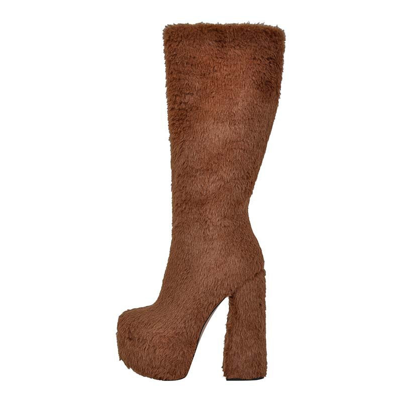 Damen Über-Knie Schuhe mit Pelzbesatz und Plattform Heidi-Mode