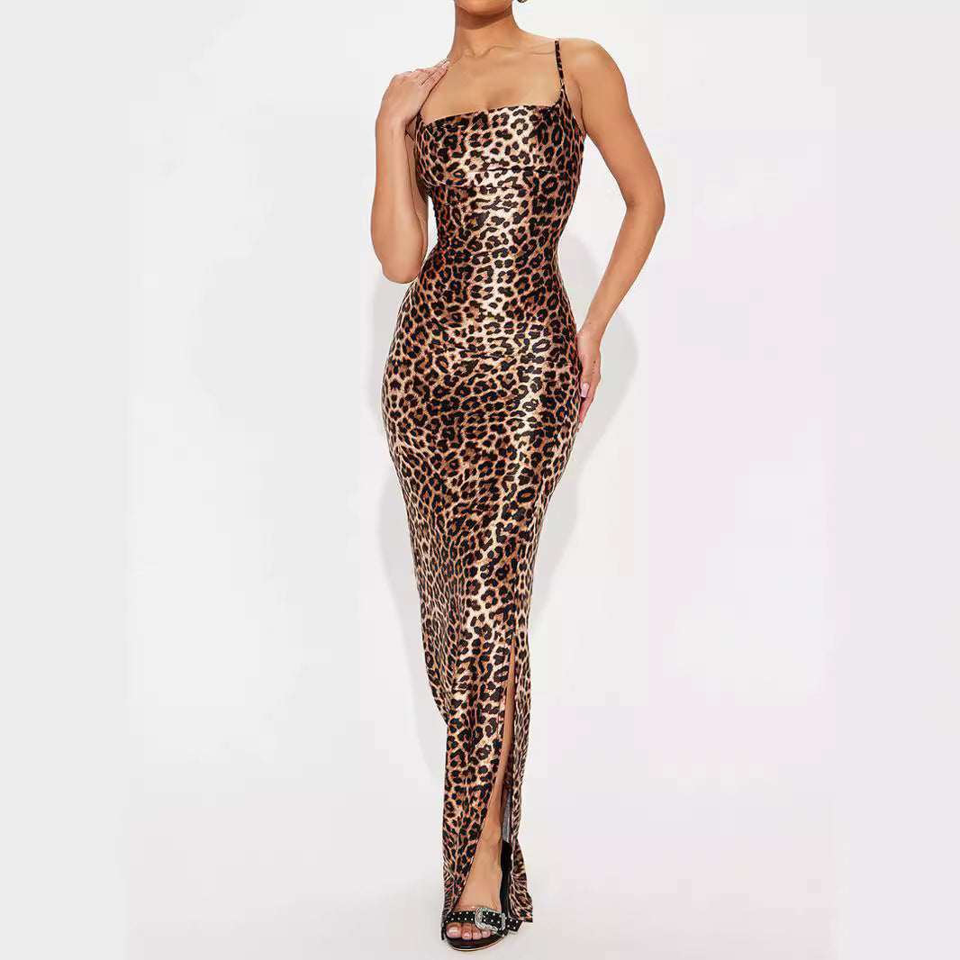 Damen figurbetontes Maxikleid mit Leopardenmuster und hohem Schlitz Heidi-Mode