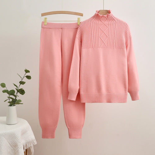Damen gemütliches Strick-Loungewear-Set mit hohem Kragen und Rippstruktur Heidi-Mode