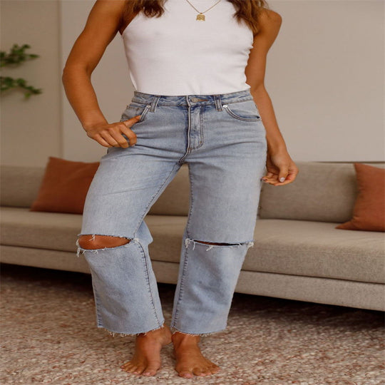 Damen Ripped Jeans im lässigen High-Waist-Schnitt mit fransigen Säumen Heidi-Mode