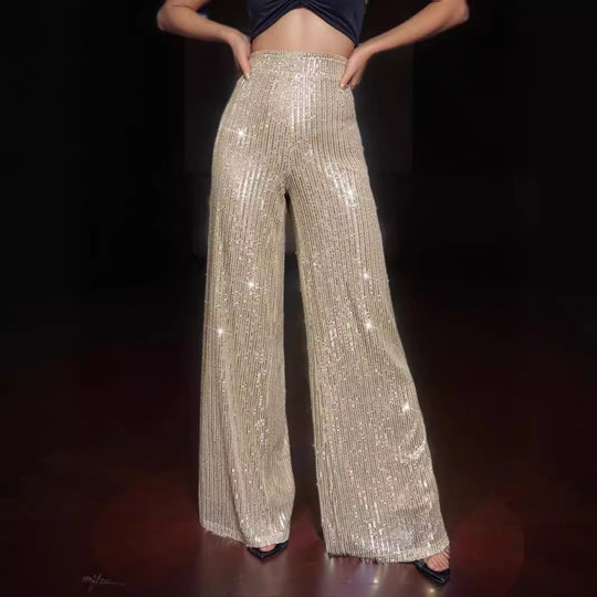 Damen Glamouröse Maxihose mit Glitzerstreifen und weitem Bein Heidi-Mode